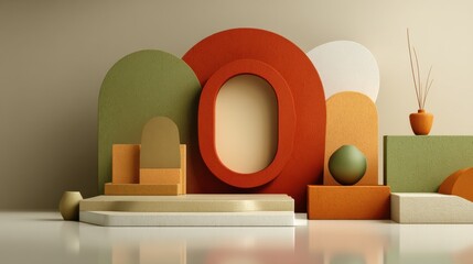 Poster - Geometric Shapes and Podium in Earth Tones, Ideal for Product Mockups and Creative Advertising, Representing Modern Design and Brand Presentation : Generative AI