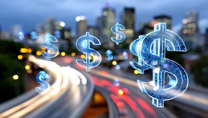 Fototapete - Glowing Dollar Signs Over City Traffic at Night, Representing Financial Technology and Investment Opportunities With Urban Prosperity : Generative AI