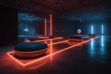 Aufkleber - Modern Art Installation With Glowing Lines and Stone Seats, Showcasing Innovation and Creative Expression in Interior Design : Generative AI