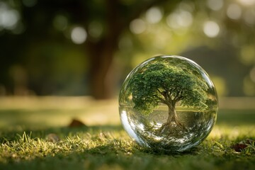 Poster - Tree Encased in Glass Orb in Lush Green Field, Symbolizing Environmental Conservation and Future Sustainability Initiatives : Generative AI