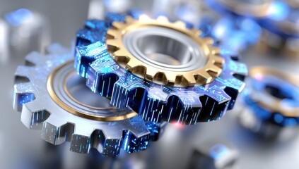 Poster - Interlocking Gears With Circuitry, Representing Technological Advancement, Engineering Precision, and Industrial Innovation in Manufacturing and Automation : Generative AI