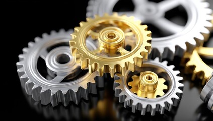 Poster - Gold and Silver Gears Interlocking on Black Surface, Symbolizing Collaboration, Engineering Solutions, and Industrial Progress : Generative AI