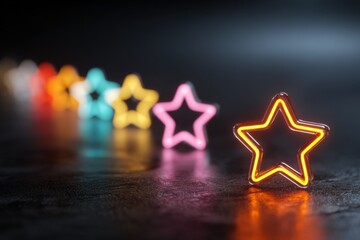 neon stars in a row on dark surface, symbolizing achievement and recognition for employee appreciati