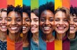 © Maryna - Artistic colorful collage happy faces diverse women smiling, positive emotions. Joyful expression, multicultural beauty, diversity. Portraits of happy smiling women, showing friendship, community.