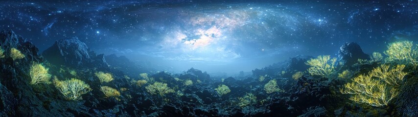  Stunning celestial landscape depicting glowing trees and a beautiful starry night scene.