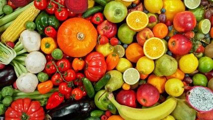 Aufkleber - Various Kind of Fresh Fruits and Vegetable. Camera Placed on Motion Control System. Filmed on High Speed Cinema Camera. Camera in Motion.