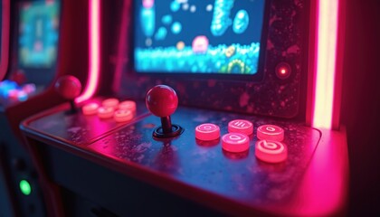 Nostalgic arcade machine illuminated vibrant neon lights. Pixelated game graphics screen create classic gaming atmosphere. Retro joystick, buttons create old-school tech experience. Digital