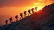 © Maryna - Group of hikers climb rocky mountain at sunset. People adventure travel in scenic landscape. Hikers with backpack enjoy outdoor sports. Walking toward sun, teamwork, success, active lifestyle.