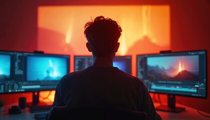 person works with creative color grading tech, edits on multiple screens. pro cinematic visual effec