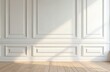 © Maryna - Minimalist interior design white wall paneling and warm wooden floor. Sunlight creates serene atmosphere, adding to room elegance. Perfect for real estate, decor, home improvement, or design projects.