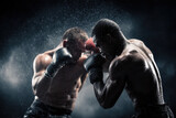 Two boxers in intense clinch exchange under dramatic lighting
