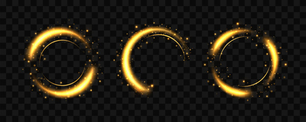 Wall Mural - set of golden light circles with sparkling effects and twirling curves. luminous flashes form glowin