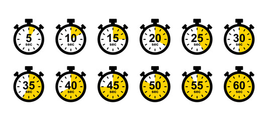 Stopwatch icon. 5, 10, 15, 20, 25, 30, 35, 40, 45, 50, 55, 60 second timer