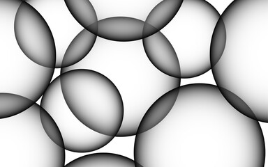 Poster - Abstract overlapping black-and-white gradient spheres arranged against a clean white background. Spheres soft-edged, with subtle inner-to-outer shading to 3D illusion. Evoking depth and spatial 