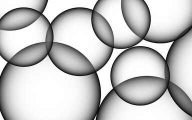 Poster - Abstract overlapping black-and-white gradient spheres arranged against a clean white background. Spheres soft-edged, with subtle inner-to-outer shading to 3D illusion. Evoking depth and spatial 