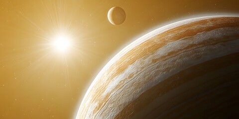 Wall Mural - A view of a planet with bands and a moon in the distance with a bright light shining in the sky