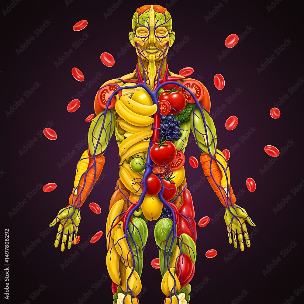 Human body composed of fruits and vegetables with blood cells Stock ...