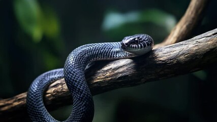 A black snake is curled up on a branch, resting and looking down. The branch is made of wood and is located in a dark area. The snake appears to be in a relaxed state