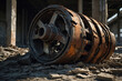 © SynthFrame Studio - Abandoned Urban Decay: Industrial Ruins with a Rusty Wheel and Broken Machinery in a Dilapidated Factory - An Artistic Photography Exploration of Gritty Textures and Neglect