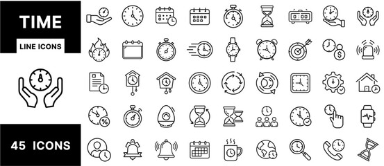 Aufkleber - Time and Clock Line Icons Set – Calendars, Stopwatches, Alarms, Timers, Watches, Hourglasses, Reminders, and Time Management Symbols for Scheduling Design