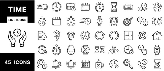 Poster - Time and Clock Line Icons Set – Calendars, Stopwatches, Alarms, Timers, Watches, Hourglasses, Reminders, and Time Management Symbols for Scheduling Design
