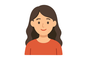 Poster - Young woman with brown hair smiling while wearing an orange shirt in a simple, animated illustration style