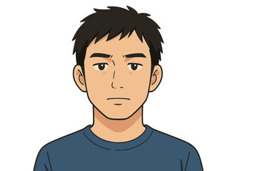 Fototapete - Young male character with short black hair wearing a blue shirt, depicted in a casual, animated style and positioned against a plain background