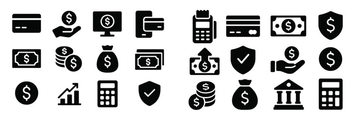 Aufkleber - Collection of financial icons representing transactions, banking, and digital payments in monochrome style