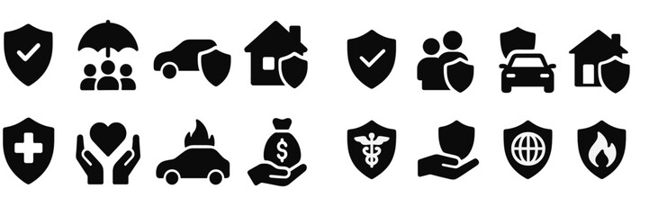 Aufkleber - Insurance icons representing various coverage types for health, auto, home, and life at a vector design background