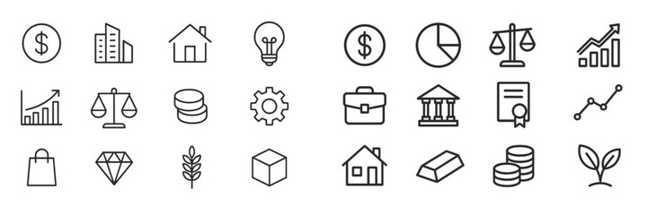 Poster - Collection of financial and business icons representing various concepts and metrics in a minimalist design
