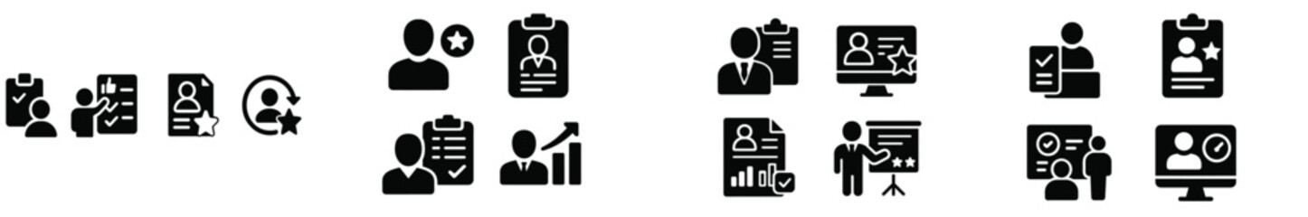 Aufkleber - Icons representing various business activities such as teamwork, communication, and data analysis in a professional environment