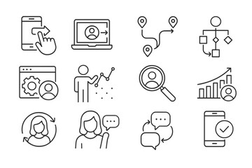 Poster - Concepts of digital interaction and data analysis represented through line icons in a minimalistic style