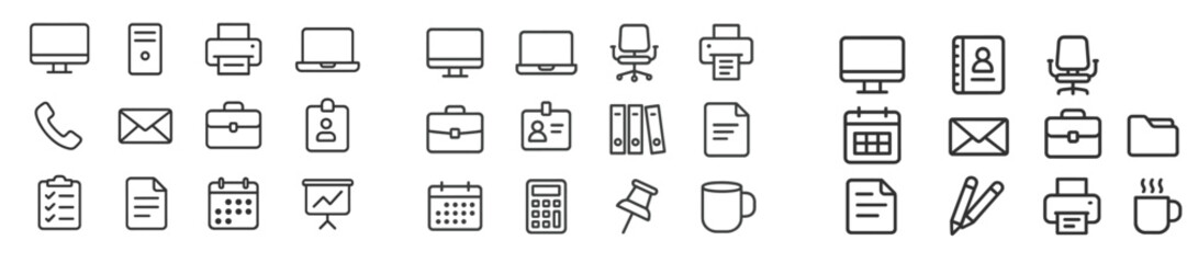 Fototapete - Various office icons illustrating common tools and activities in a business environment