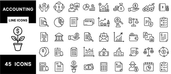 Fototapete - Accounting Line Icons Set – Financial Reports, Charts, Calculators, Taxes, Invoices, Receipts, Budgeting, Balance Sheets, and Cash Flow Symbols for Finance Design