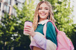 © deagreez - Photo of pretty young girl carry bag drink coffee wear top free time city center outdoors