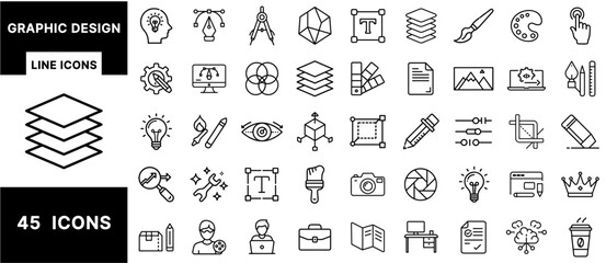 Poster - Graphic Design Line Icons Set – Creative Tools, UI/UX, Color Palette, Vector Editing, Typography, Layers, Pencil, Brush, Cropping, and Digital Art Elements