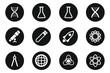 © Gradix Studio - Twelve black science icons set featuring atom beaker microscope flask and other related scientific symbols