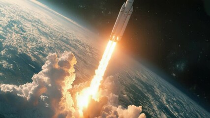 Wall Mural - a rocket soaring through space with the curved shape of the earth visible below