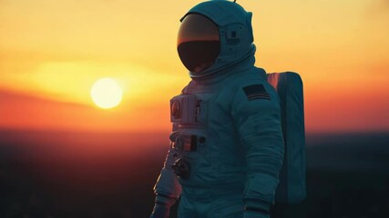 Wall Mural - astronaut stands on planet surface, watching sunset