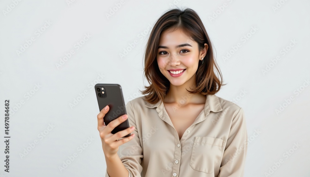 Young woman smiling while holding a smartphone in a bright and neutral setting, showcasing modern technology and happiness
