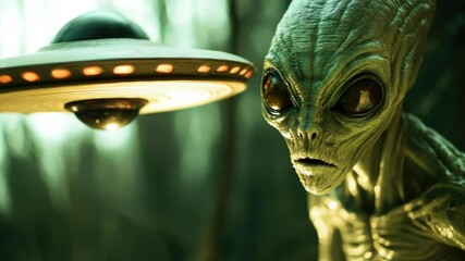 Wall Mural - a close-up shot of an extraterrestrial being accompanied by a spaceship in the background, suitable 