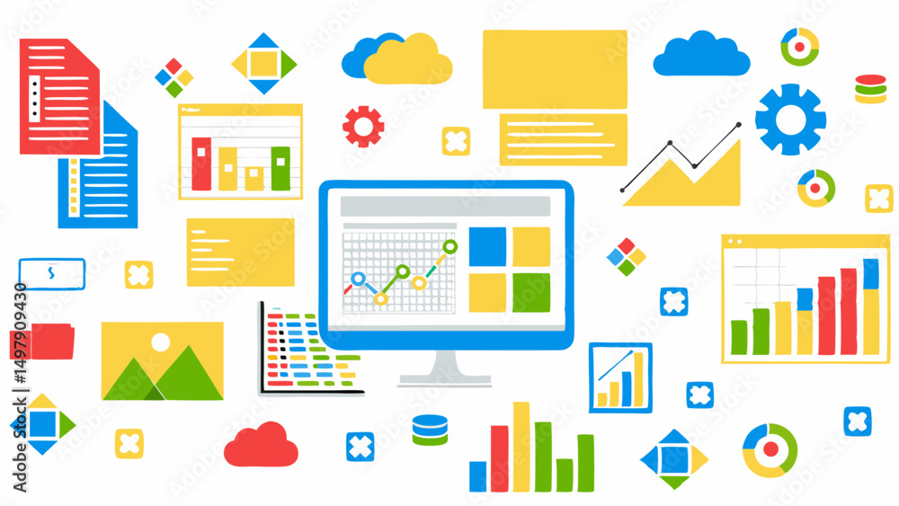 Illustration of data visualization elements including charts graphs and ...