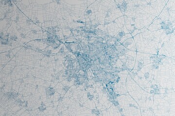  Map of the streets of Hannover (Germany) made with blue lines on white paper. 3d render, illustration