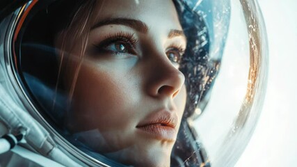 Wall Mural - a close-up view of a person's face in a space suit, with a hint of excitement and adventure
