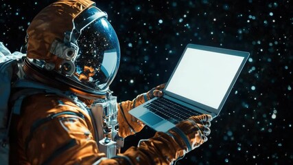 Wall Mural - astronaut uses laptop in space, perfect for sci-fi scenes or technology concepts