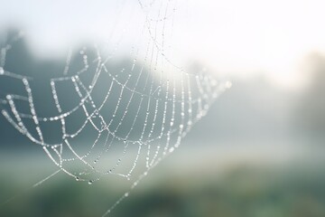 Wall Mural - delicate spider web adorned with glistening dewdrops in early morning light against serene backgroun