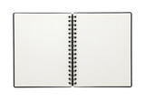 Open spiral notebook with clean white pages and black rings centered. Perfect for educational, office, or note-taking visuals. Isolated on transparent background. PNG