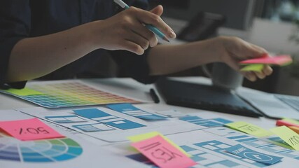 UX/UI designer working on wireframes for a website and mobile app prototype, surrounded by sketches of user-flow and design tools, in concept of website and mobile application design concept.