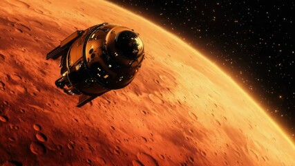 Wall Mural - space station flies over the red planet's surface