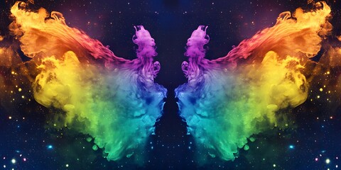 Wall Mural - Symmetrical rainbow smoke wings on a dark starry background creating an abstract colorful effect